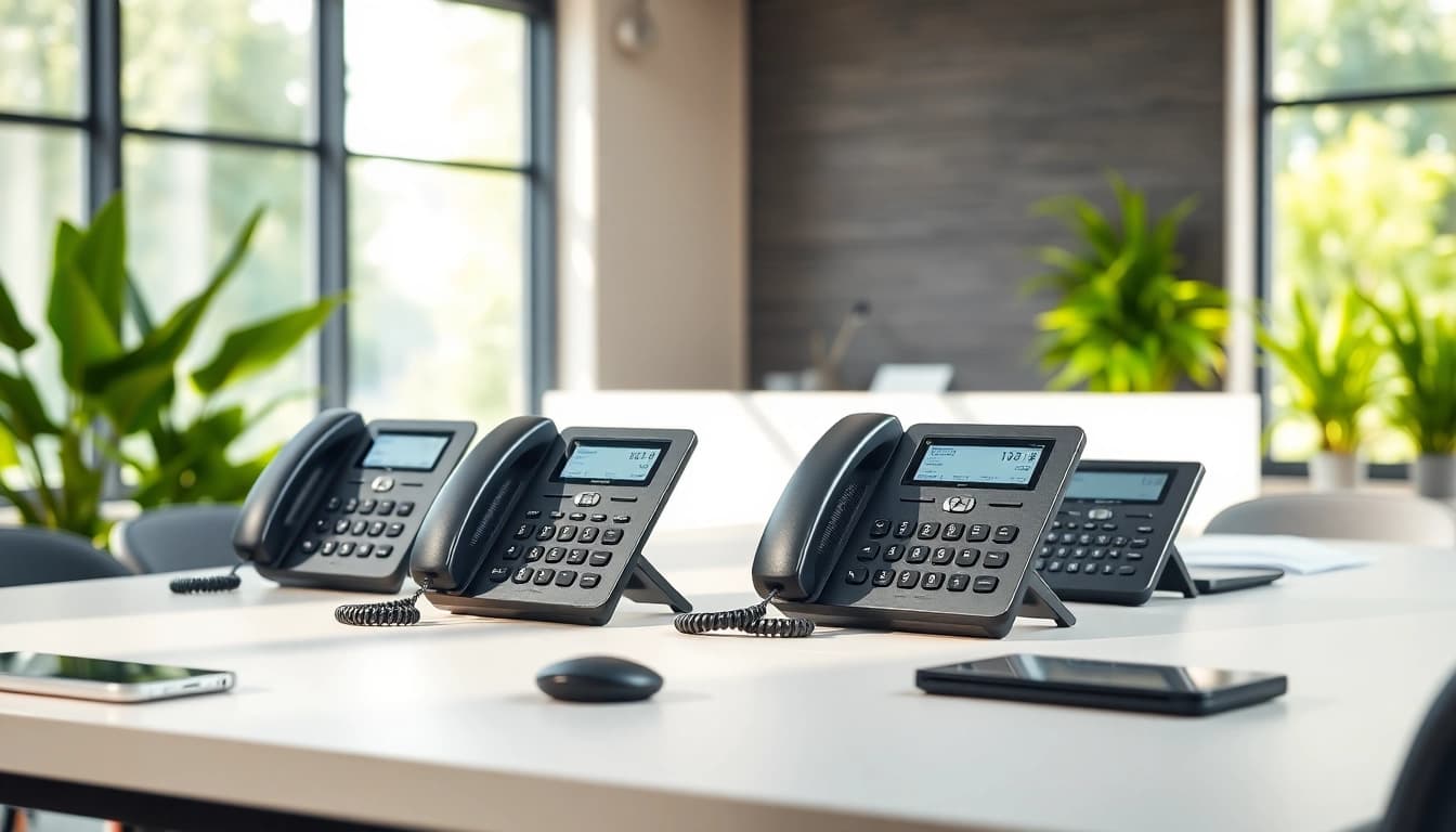 Showcase of business phone systems in a modern office environment highlighting productivity.