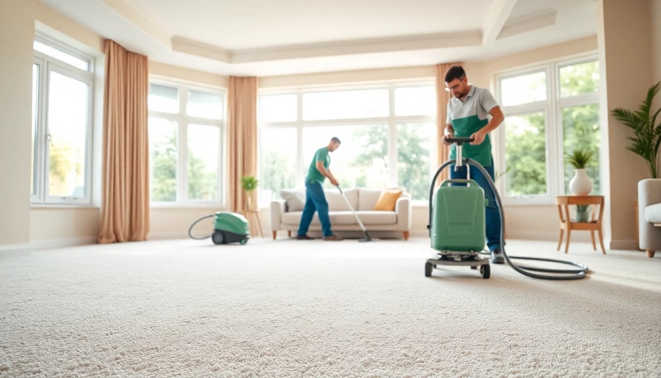Skilled professionals demonstrating carpet cleaners in Glasgow in a bright living room.