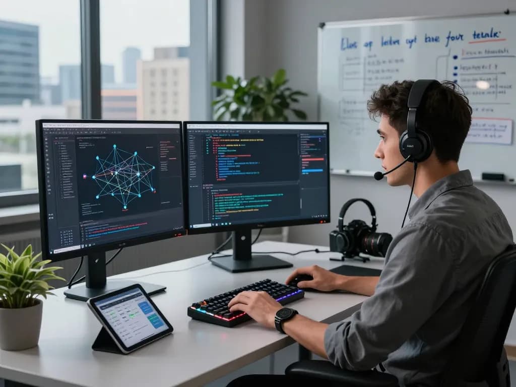 Focused software engineer improving 快连's AI-driven routing technology in a modern workspace.