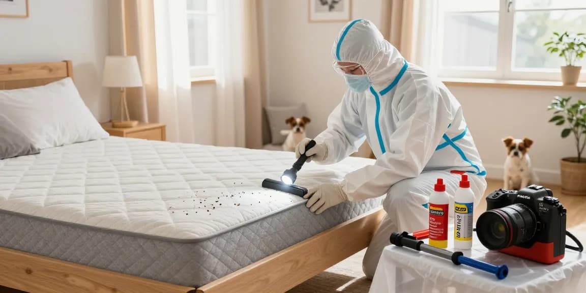 Professional bed bug control inspection in a residential bedroom.