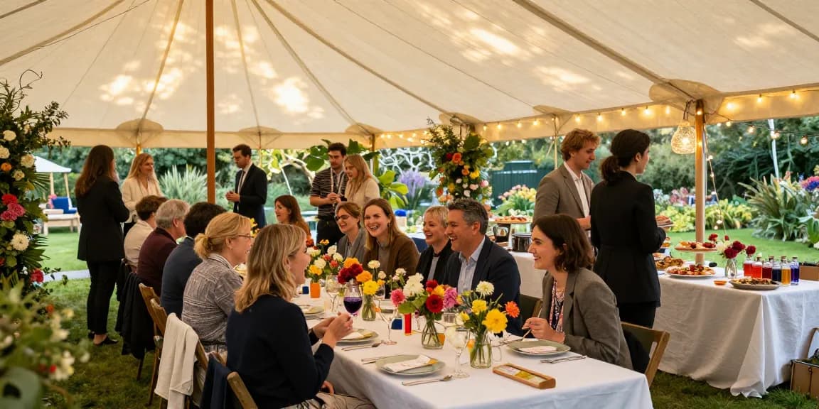 Guests enjoying a celebration under marquee hire London, elegantly set tables and string lights creating a festive atmosphere.