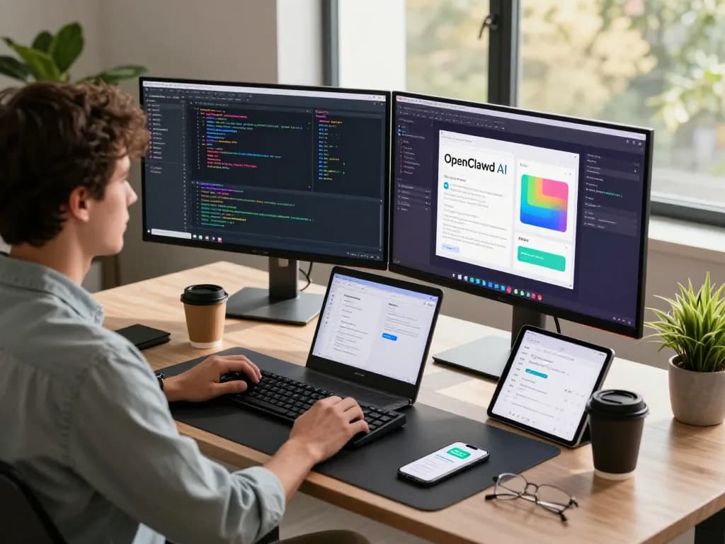 Developer using openclawd AI in a modern tech workspace with vibrant code on screens.