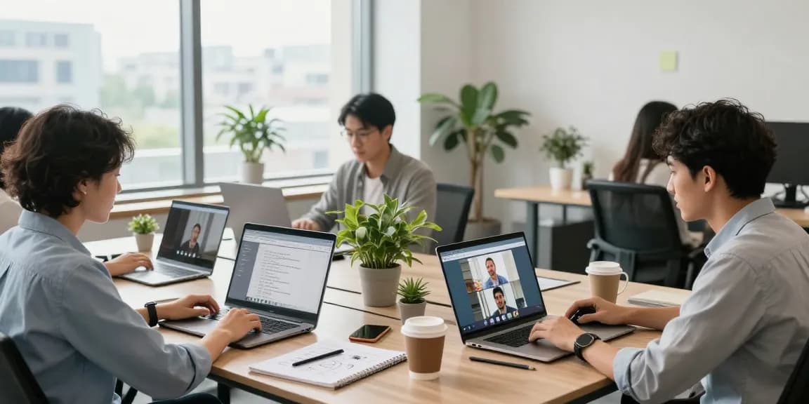 Team using cloud phone systems for small business in bright office.