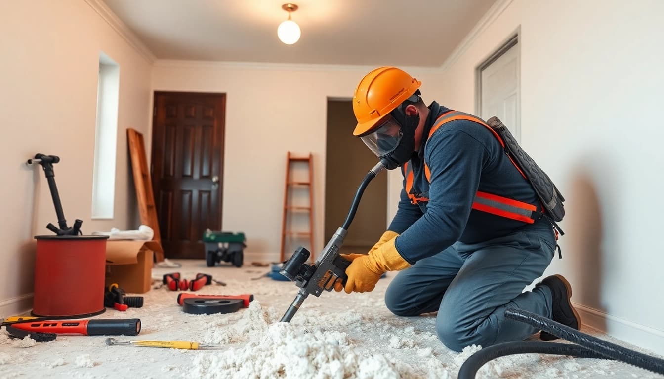 Spray foam removal UK process showcased by a technician in a residential setting.