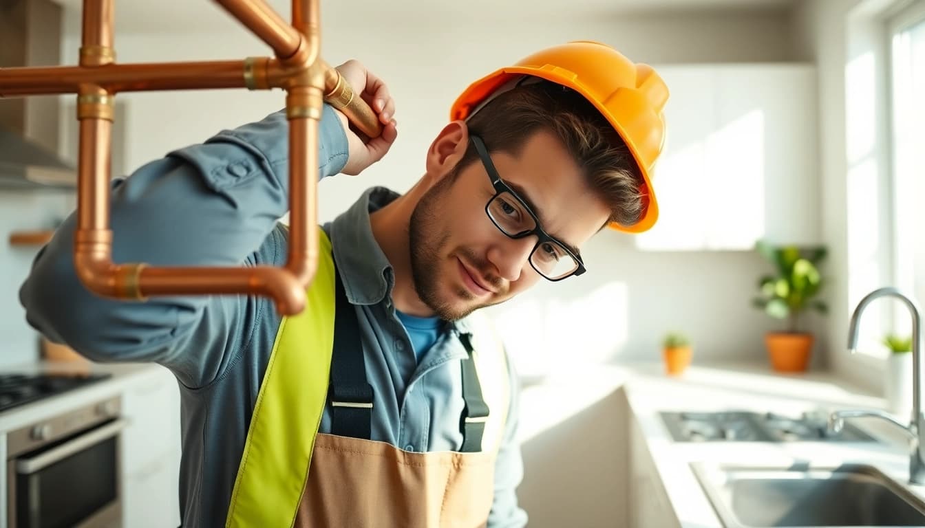 Expert performing whole house repiping services Tampa in a modern kitchen.