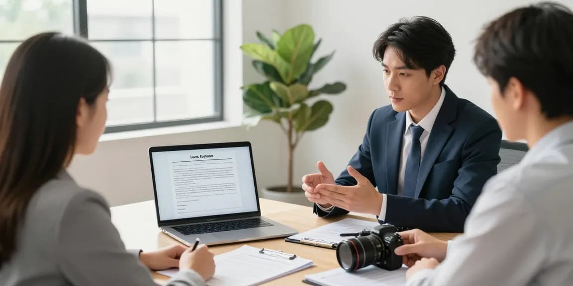 Kira sözleşmesi örneği ile ilgili profesyonel ofis ortamında danışmanlık yapan avukat ve çiftin görüşmesi.