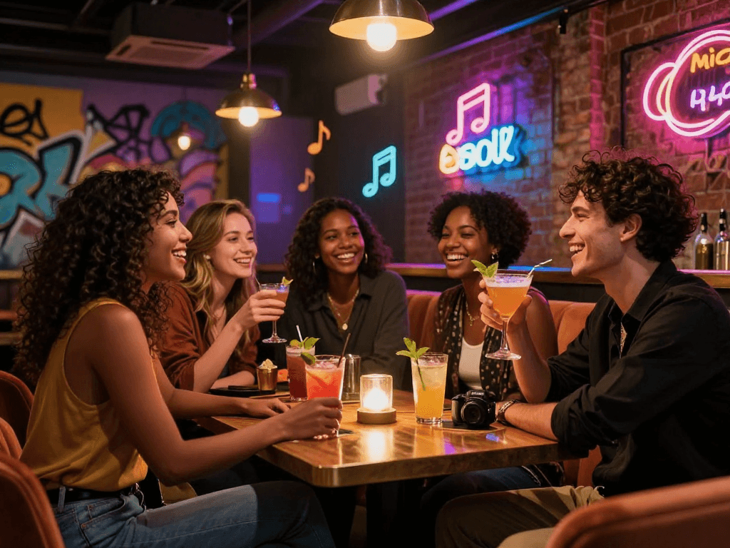 Social nightlife scene with friends enjoying nsfw vibes at a trendy bar.