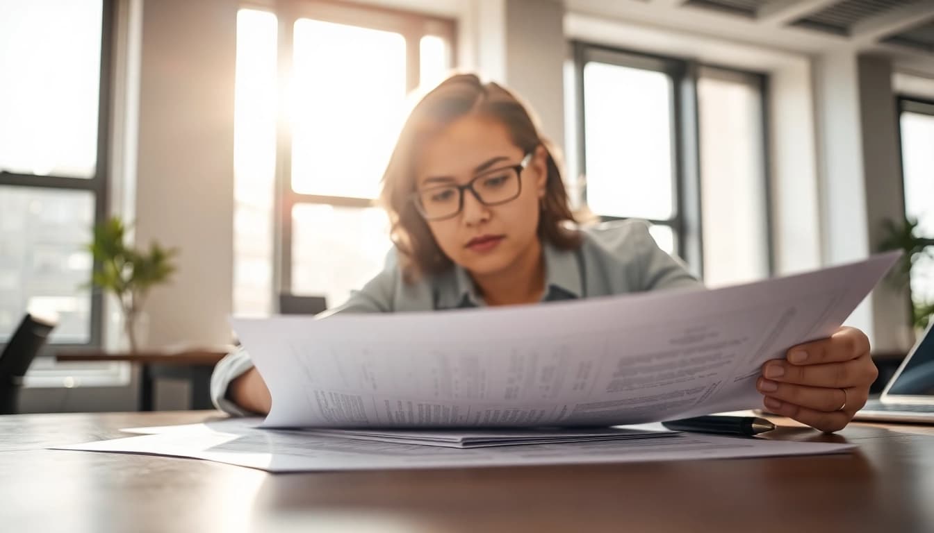 Assessing pre-post award compliance with detailed documents in a professional office.