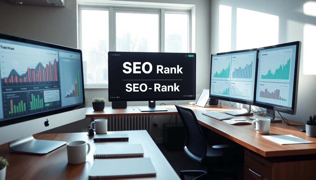 Boost your SEO Rank in a professional digital marketing workspace filled with analytical graphs.