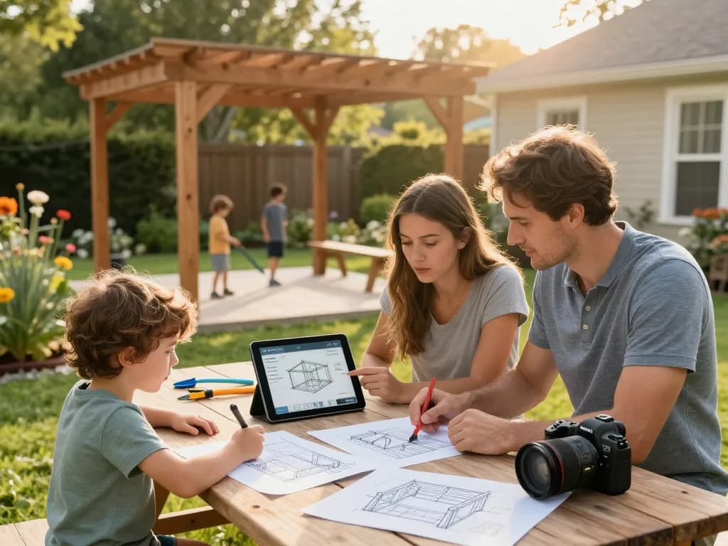Engaged family designing a backyard pergola using pergola configurator software on a sunny day