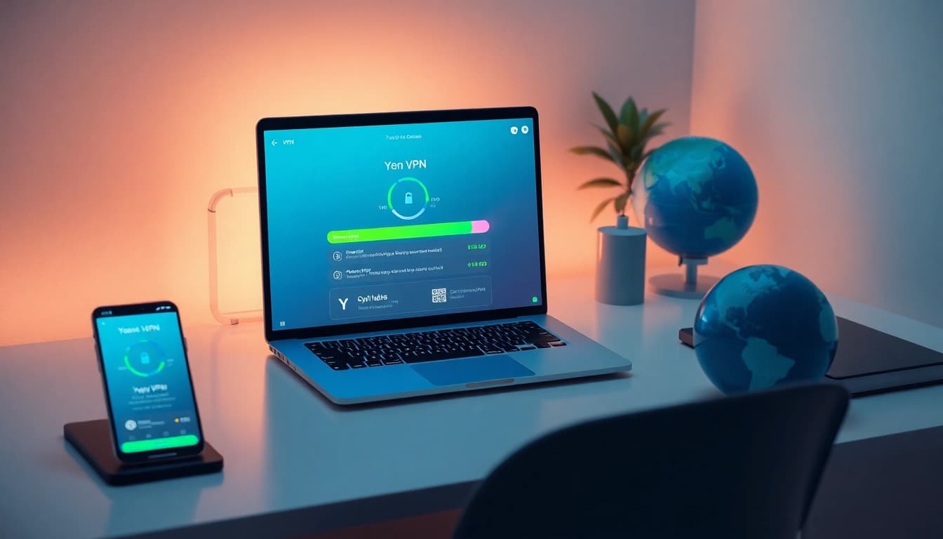 快连官网 VPN 展示在笔记本和智能手机上，置于现代化工作空间中，代表全球互联与用户友好设计。