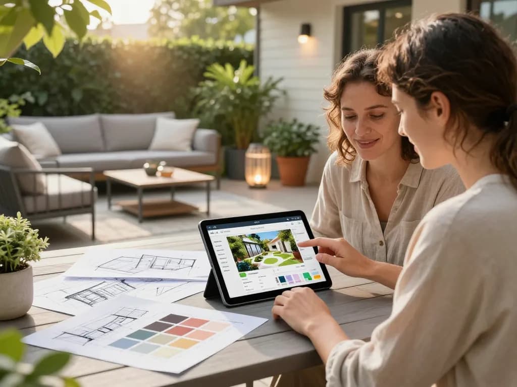 Couple using a veranda configurator on a tablet in a cozy outdoor patio.