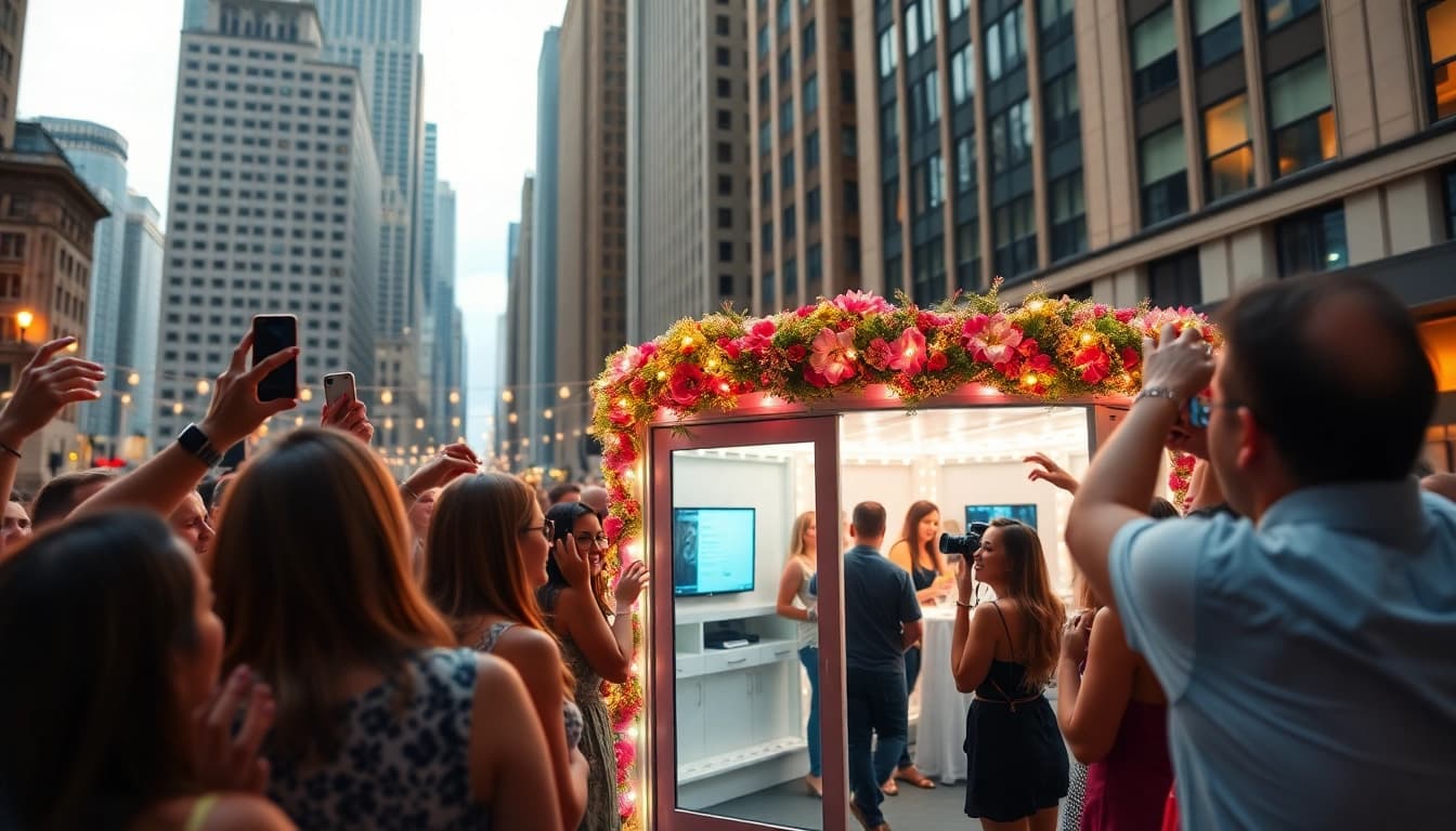 Captivating photo booth rental chicago setting with guests having fun taking pictures.