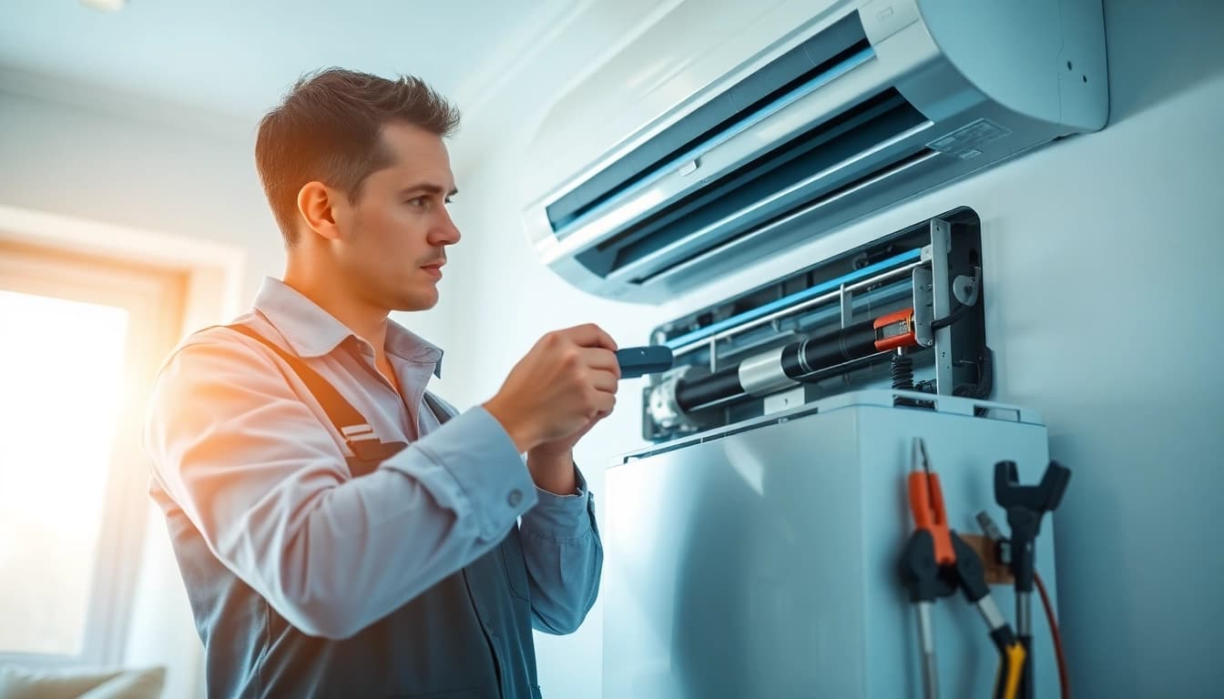 Expert AC Repair Tampa service technician inspecting a unit in a bright living room.