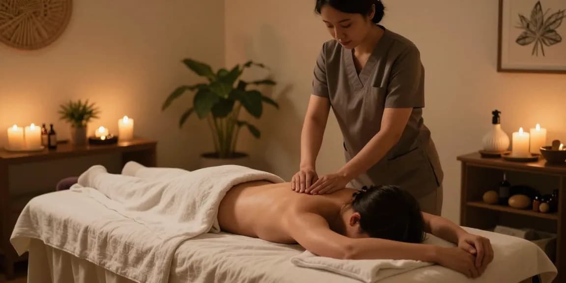 Relaxing 계산동출장안마 session with a skilled therapist in a cozy room, soothing ambiance and essential oils.