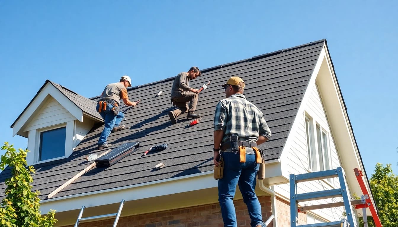 Roofing company installing shingles on a residential home with a clear sky.