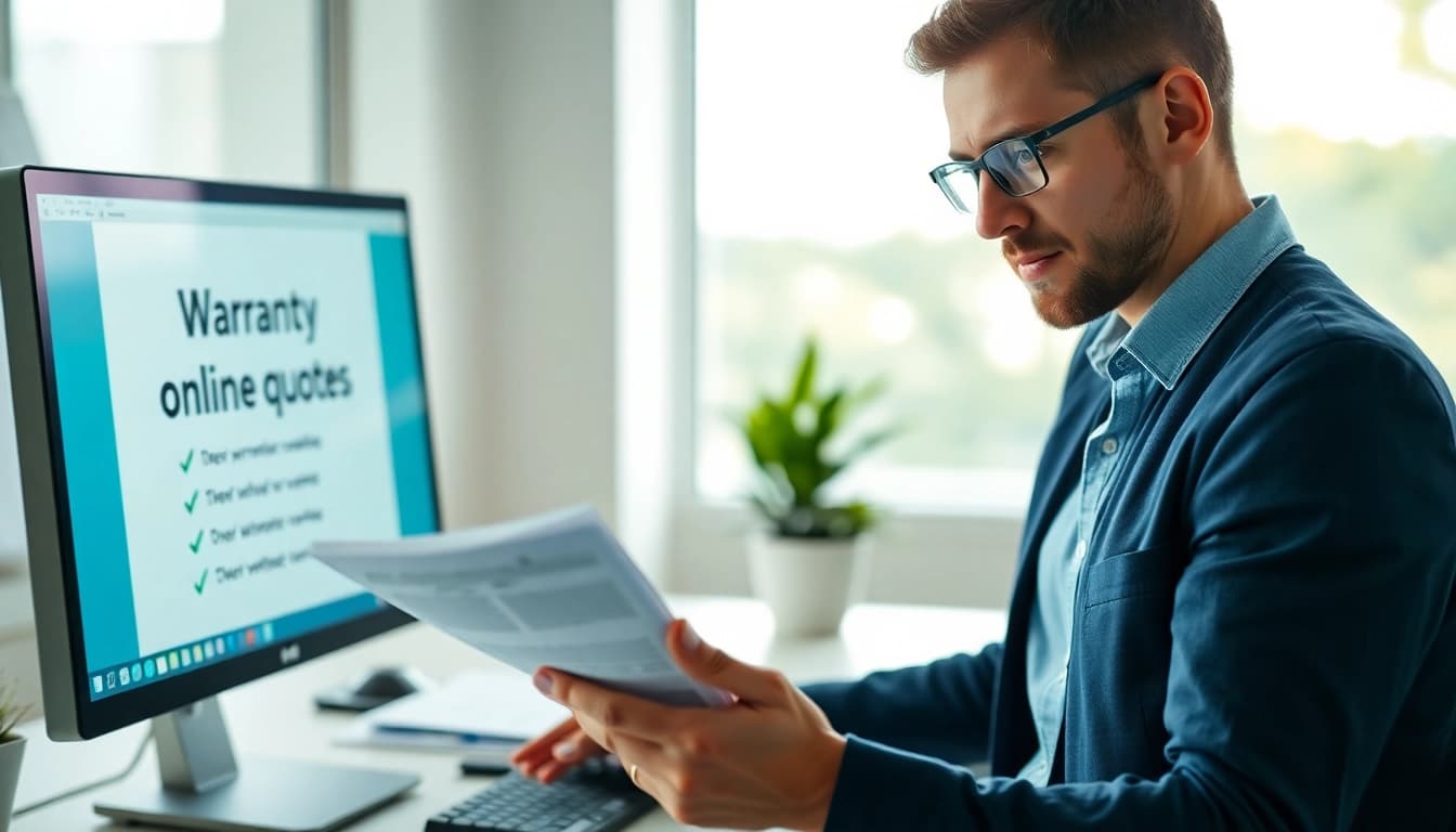 Get quick online warranty quote with a technician reviewing documents and a computer.