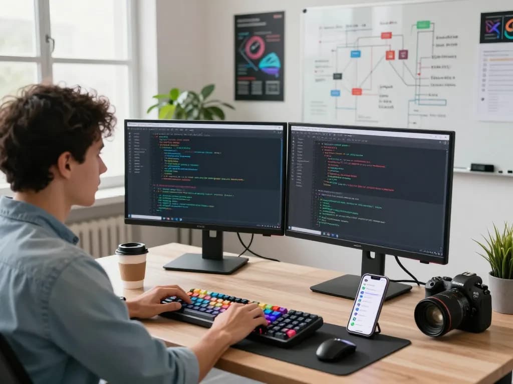 A developer using MoltBot personal AI assistant in a vibrant workspace, showcasing code on dual monitors, coffee, and messaging apps.