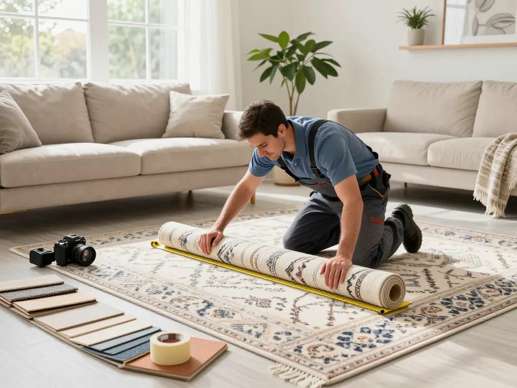 Home carpet fitting services by a professional in a well-lit living room.