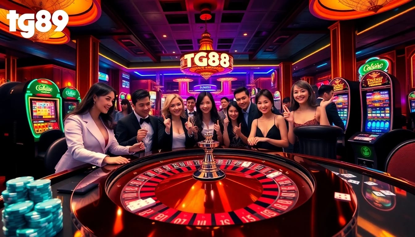 Exciting gambling scene showcasing tg88 elements with vibrant casino lights, poker chips, and players in action.