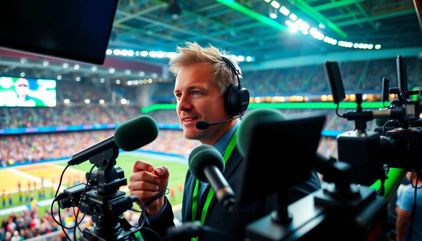 Engaging scene of sports broadcasting capturing a live commentator at an exciting sports event.