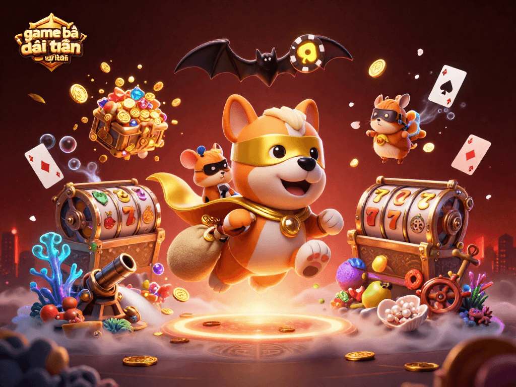 Engage with game bài đổi thưởng uy tín as a superhero dog and hamster leap through a vibrant casino scene.