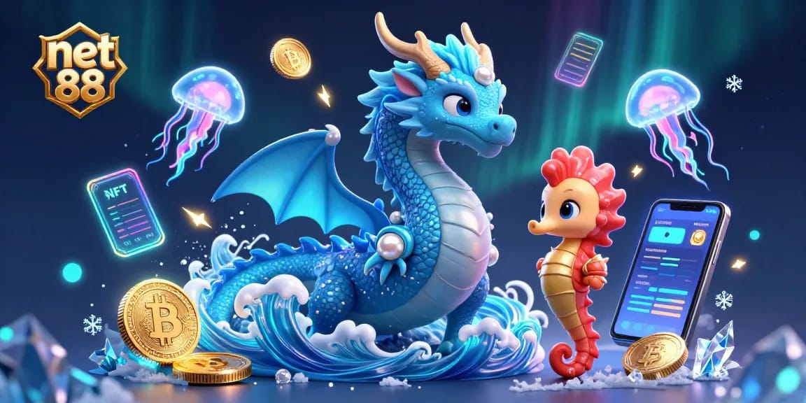 Engage with net 88's dynamic crypto casino scene featuring a majestic water dragon and bitcoin elements.