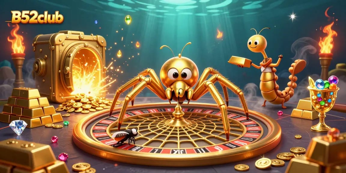 B52club offers an exciting casino experience with a golden roulette wheel and dynamic gaming elements.