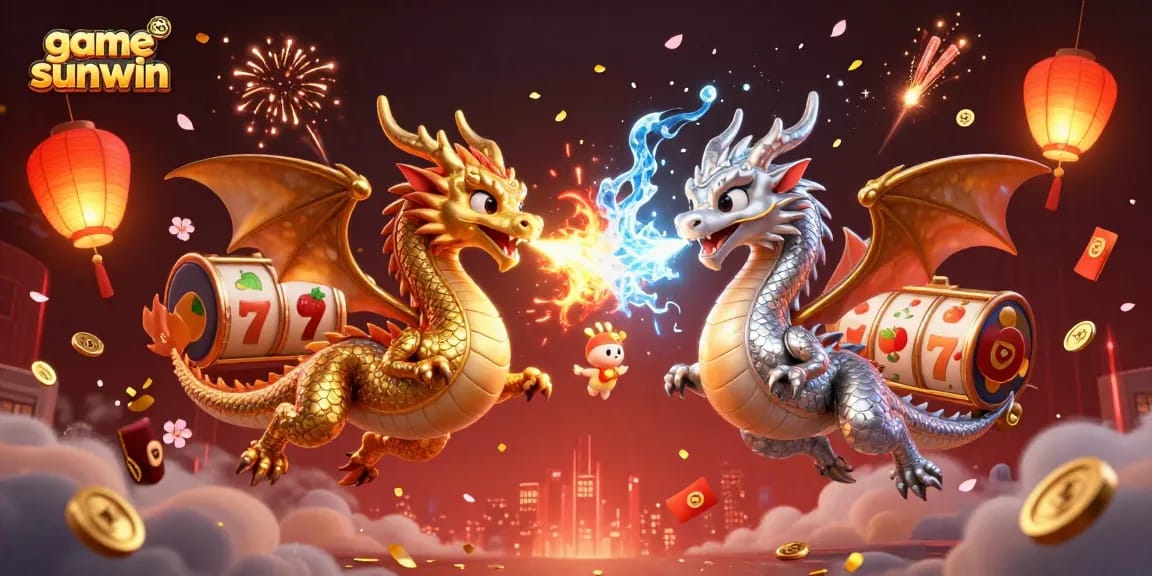 Experience the thrill of game sunwin with a vibrant dragon duel amidst slot machine elements.