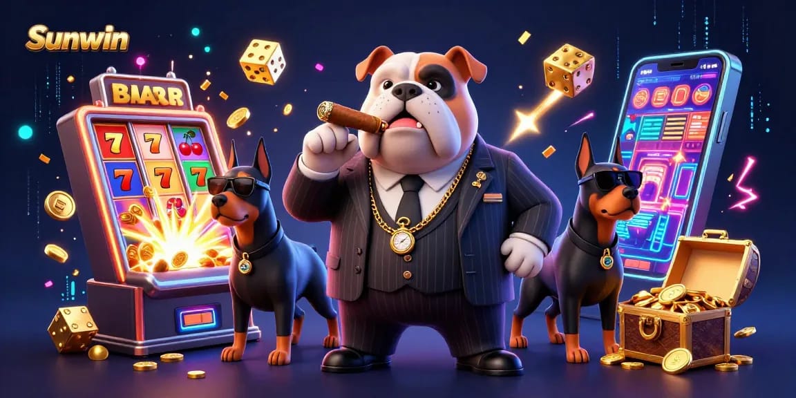 Sunwin offers thrilling casino gameplay with a vibrant scene of a mafia boss bulldog and jackpot excitement.