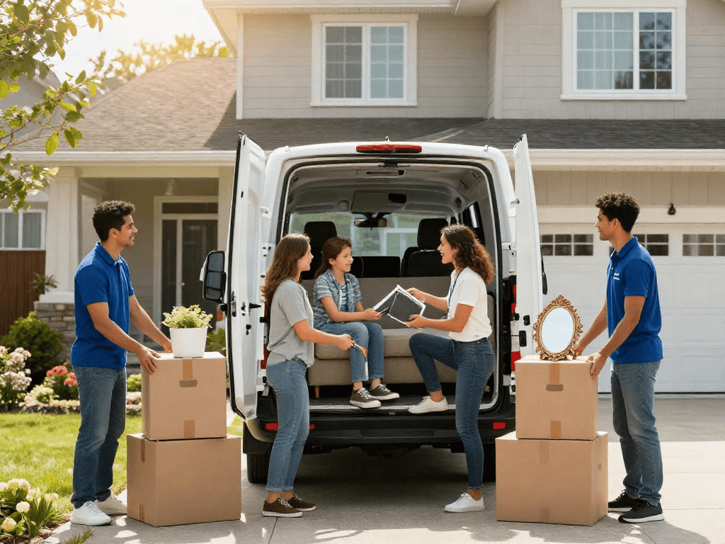 House movers loading a family's belongings into a bright removal van, showcasing teamwork and care in a suburban setting.