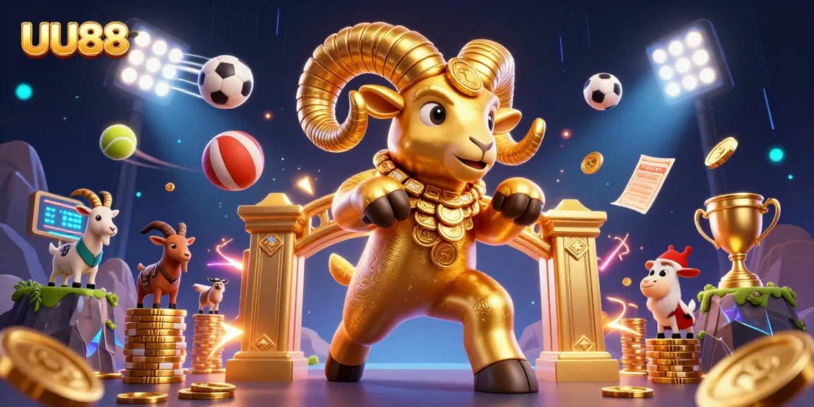 Experience exhilarating action with UU88 as a golden ram charges through a vibrant gambling scene.