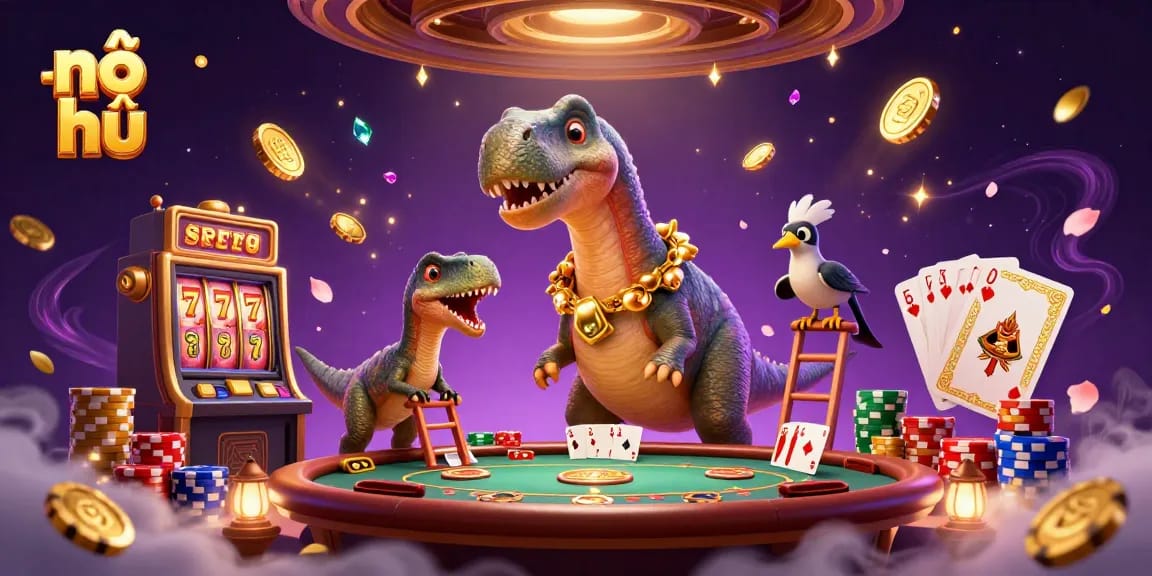 Experience nổ hũ excitement with a vibrant casino scene featuring a brontosaurus and raptor.