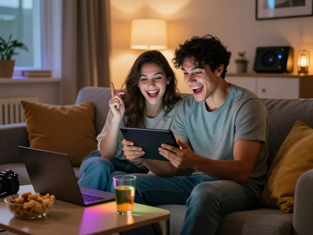 Couple enjoying a porn game together in a cozy living room, playful atmosphere and warm lighting.