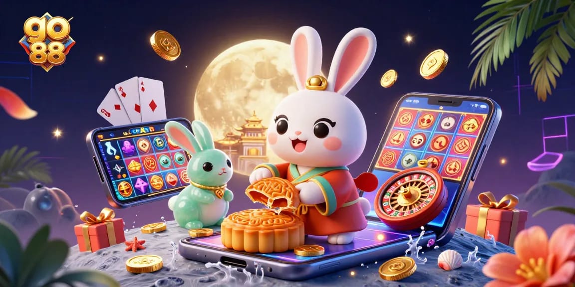 Experience go 88’s vibrant casino world featuring a cartoony moon rabbit amidst poker chips and exciting games.
