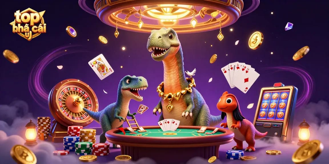Experience the thrill of top nhà cái uy tín with a giant brontosaurus and raptor in a dynamic casino scene.