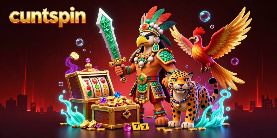 Cuntspin features an Aztec warrior and jaguar amidst vibrant casino elements like slot machines and gold treasure.