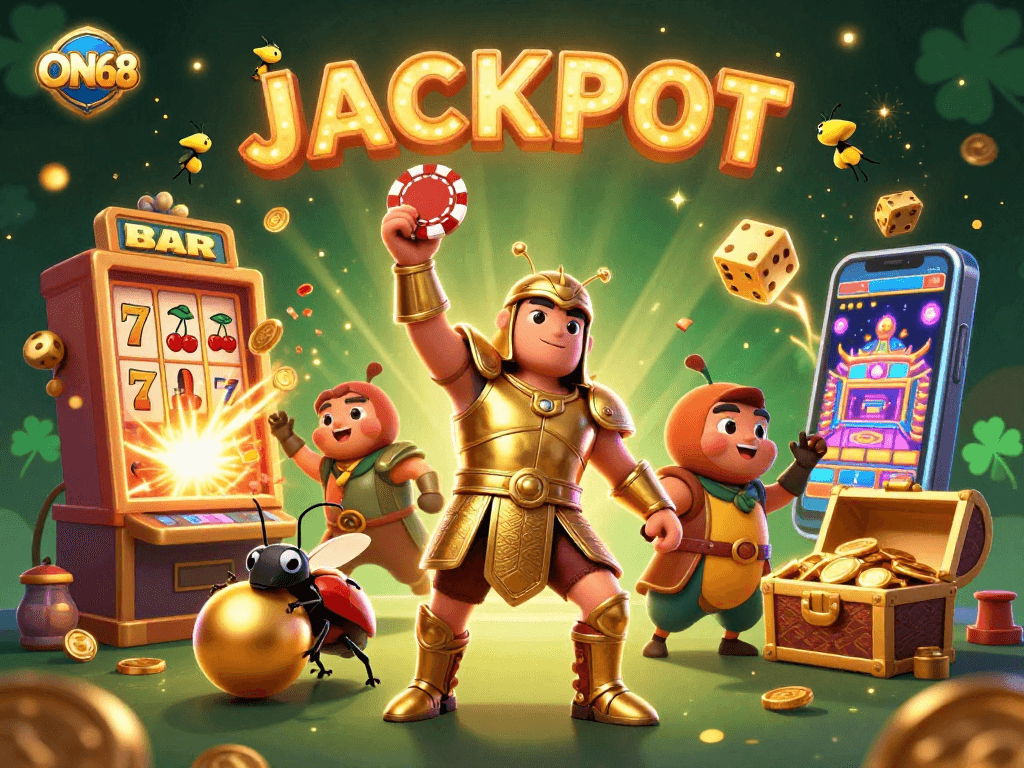 ON68 offers an exhilarating jackpot experience with a luck-filled 3D casino illustration showcasing vibrant gaming elements.