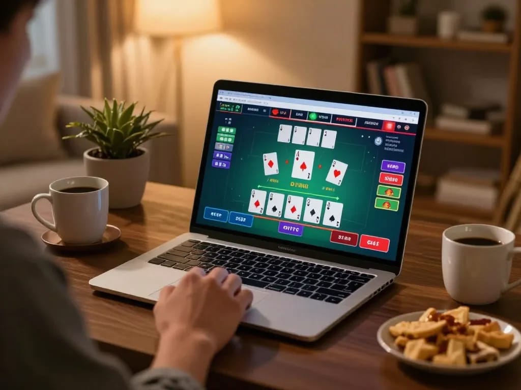 Player strategizing blackjack on laptop with SC88 interface in a cozy home atmosphere.
