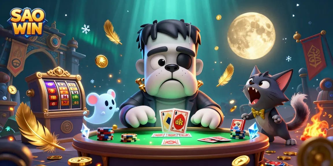 SAO WIN offers thrilling gaming action with a unique 3D cartoon scene featuring a bulldog dealer and engaging game elements.