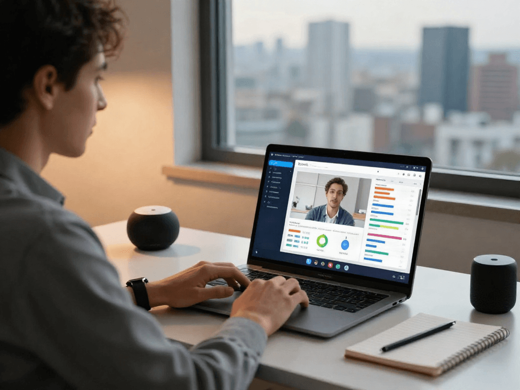 Engaging user interaction with spicychat during a productive video call in a modern office.
