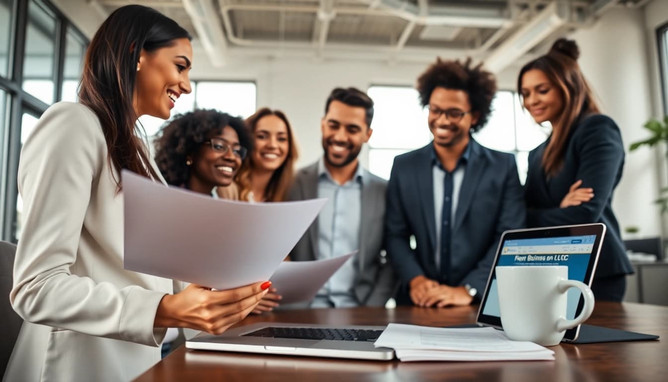 Register LLC in the US with a diverse team in a modern office.