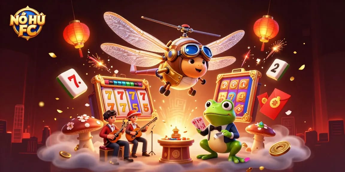 NỔ HŨ FC showcases dynamic slot gameplay with vibrant characters and colorful elements.
