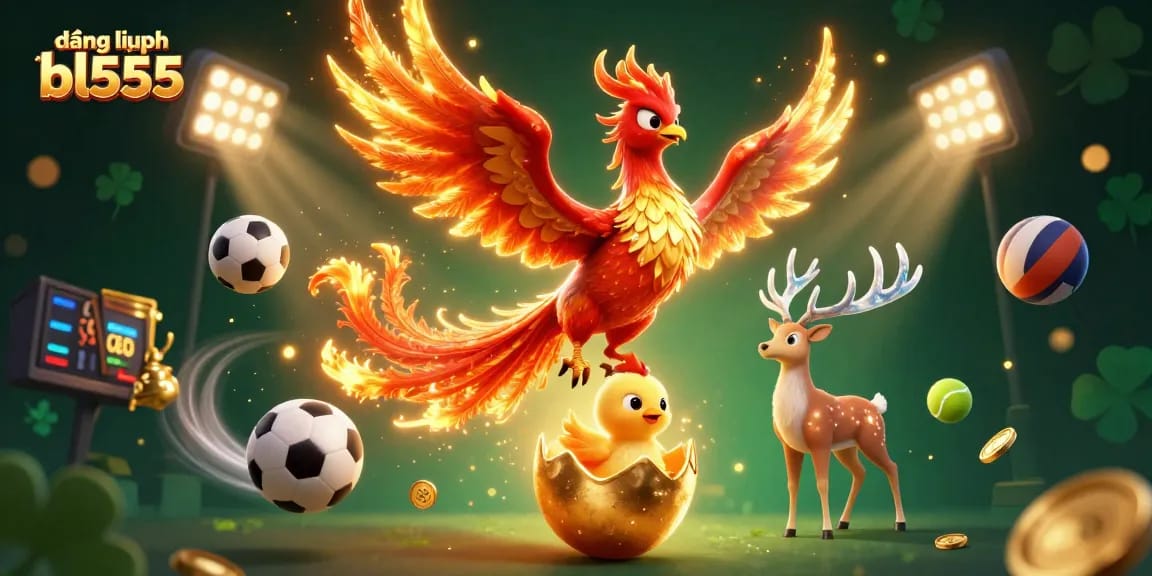 Engage in the excitement of đăng nhập bl555 with a dynamic illustration showcasing a phoenix, sports action, and golden rewards.