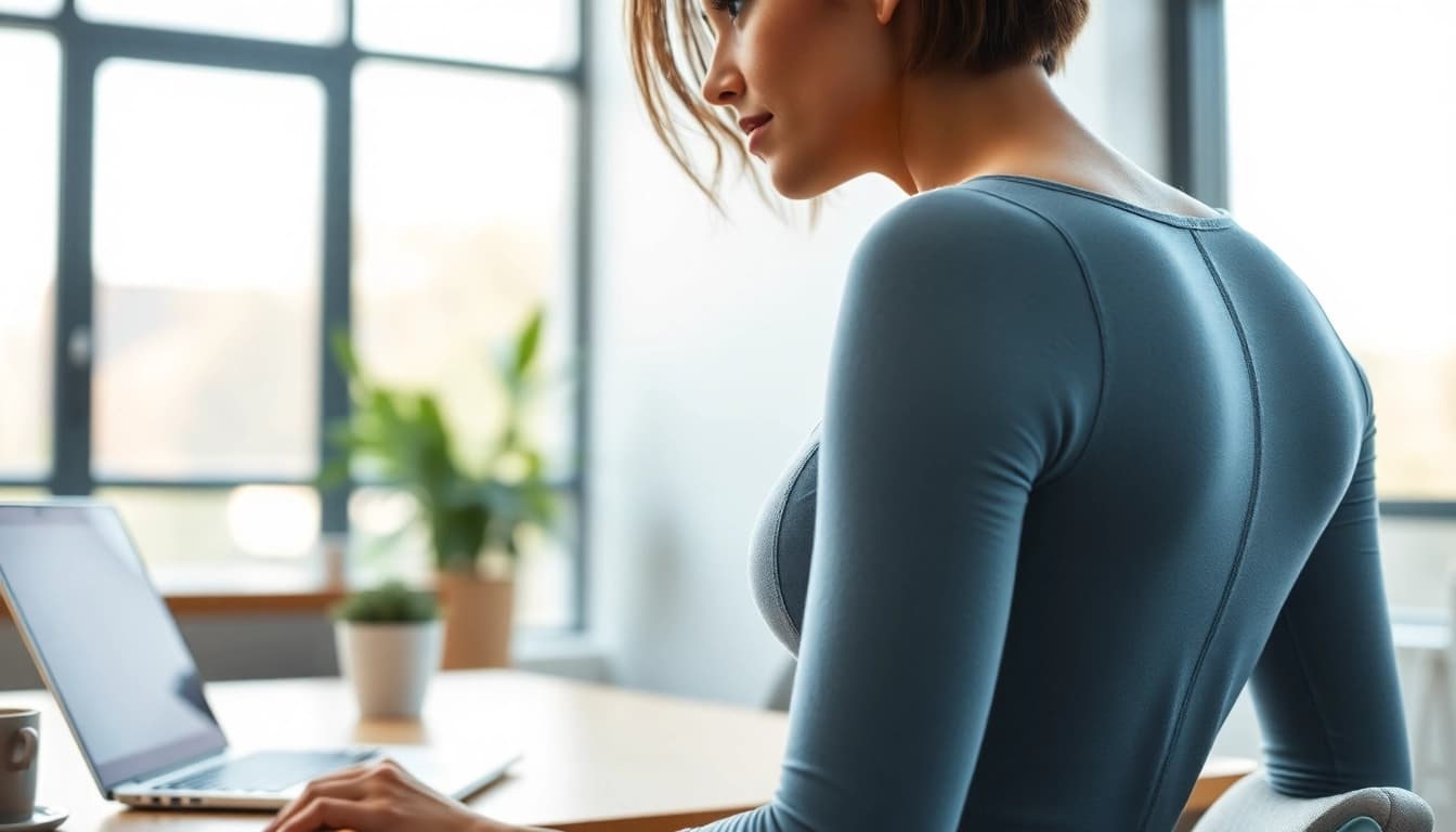Model demonstrating a posture garment while working at a desk, showcasing its ergonomic benefits.