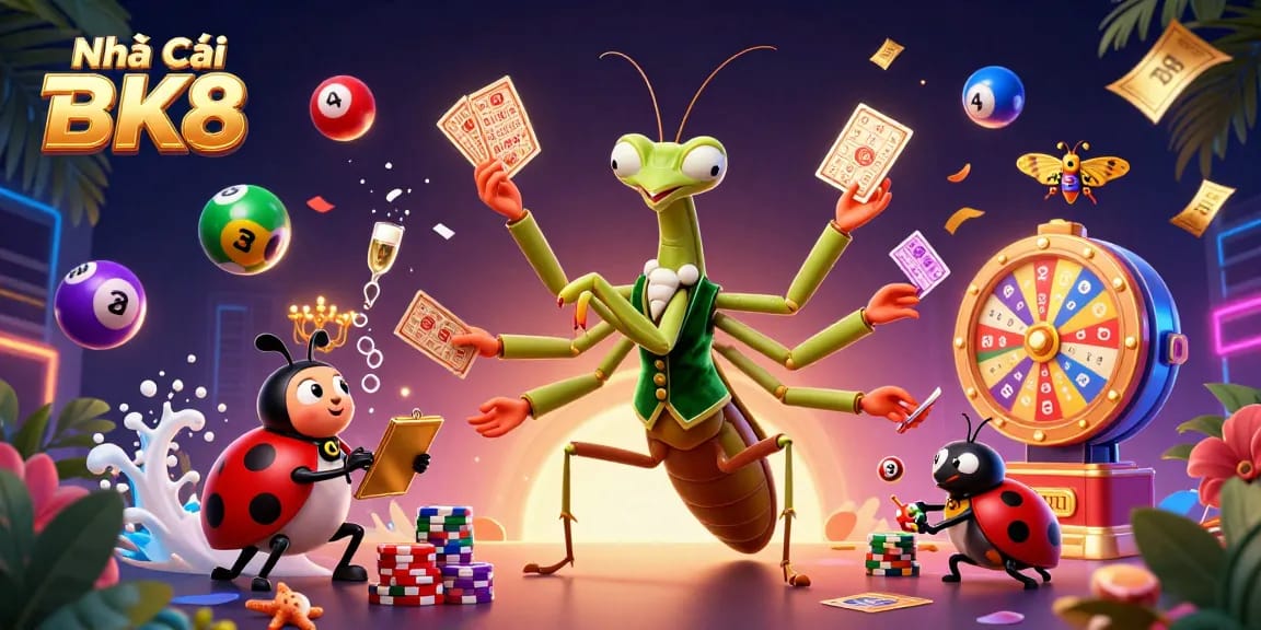 Engage with Nhà Cái BK8 through thrilling card games and vibrant lottery elements in this casino-themed illustration.