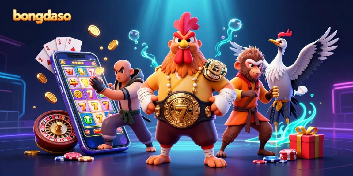 Experience bongdaso's thrilling gaming scene with vibrant characters, slot games, and dynamic casino elements.