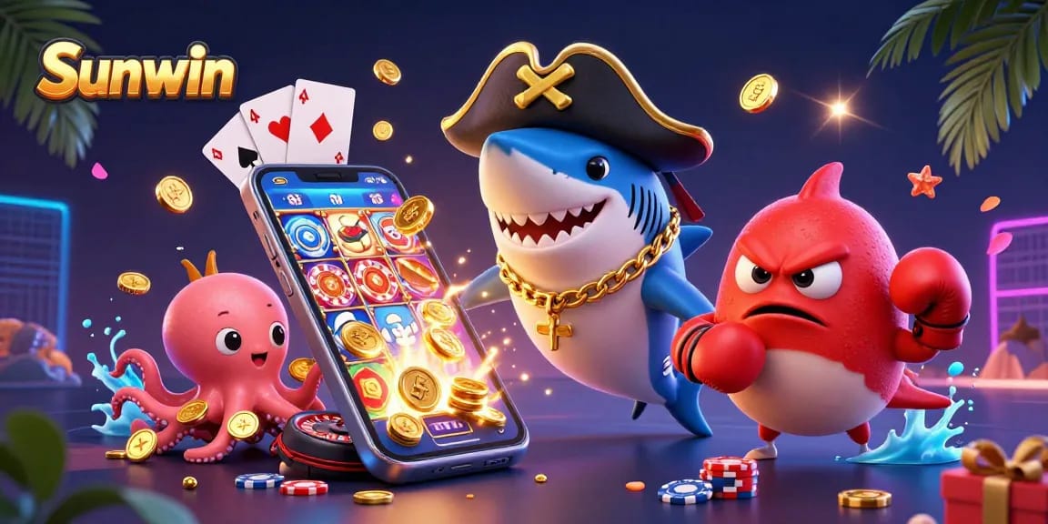 Sunwin pirate shark and friends enjoying vibrant slot games with coins flying