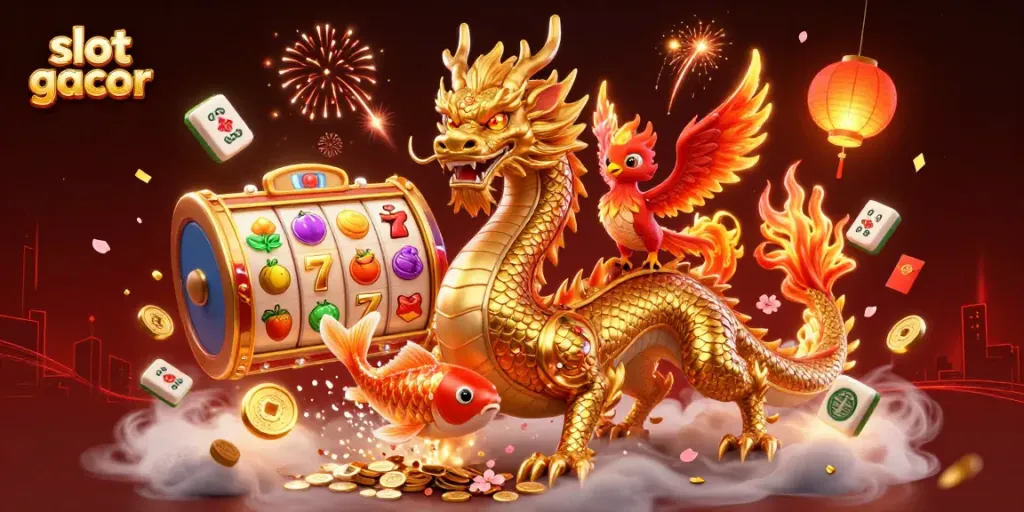 Experience the thrill of slot gacor with a golden dragon and phoenix, surrounded by vibrant casino elements.
