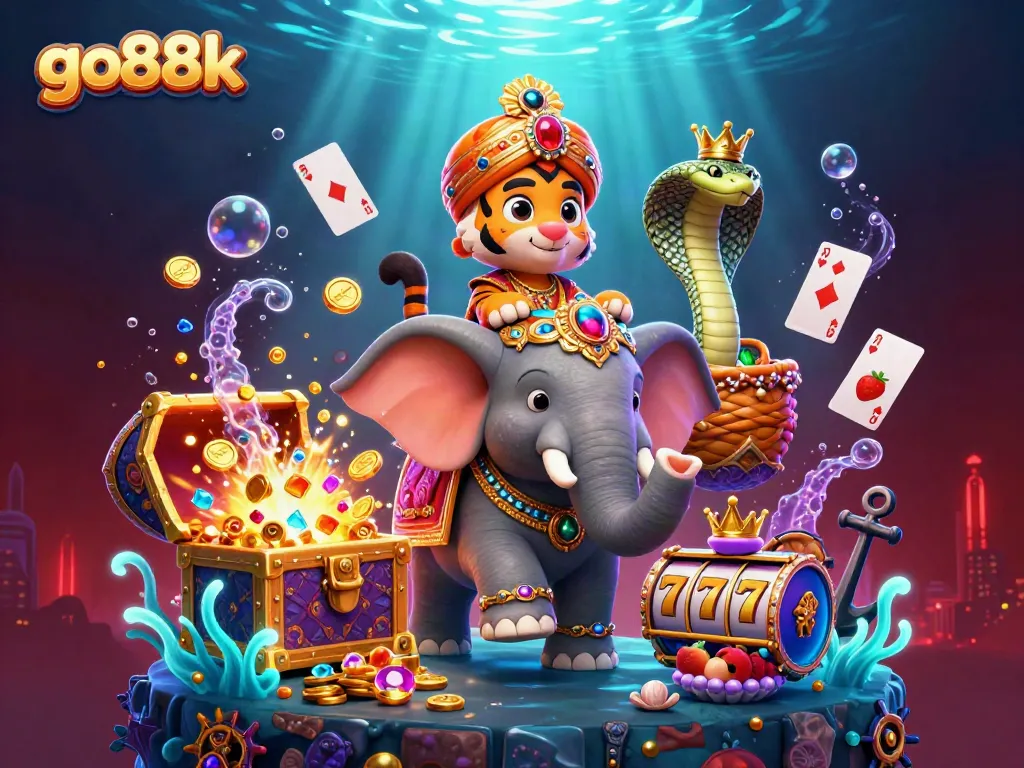Engage with go88k's vibrant gaming scene featuring a decorated elephant and maharaja in casino-themed 3D illustration.